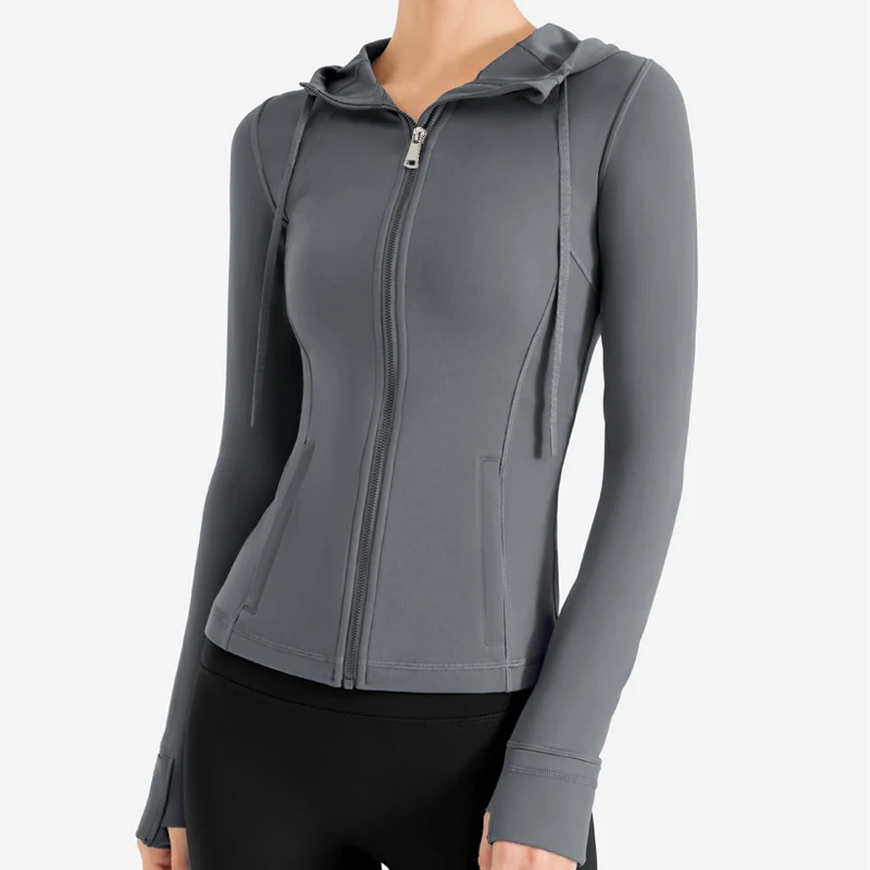 Chaqueta de Yoga sin costuras para mujer, sudaderas con capucha de manga larga para correr, entrenamiento Fiess, cremallera informal, ropa deportiva al aire libre