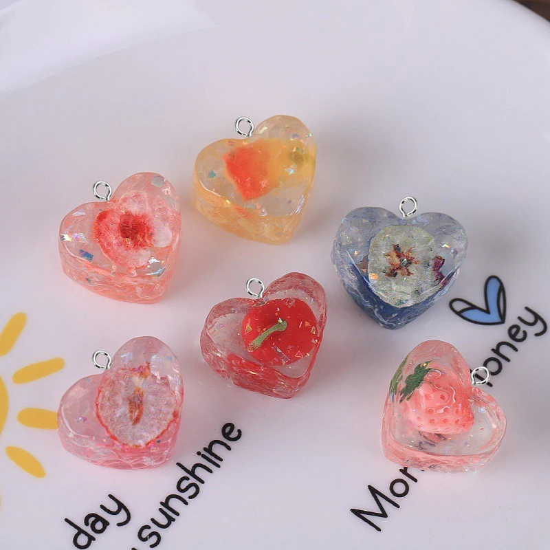 10pcs Embedded sequin cherry heart ice cube fruit heart DIY keychain phone chain pendant resin accessory