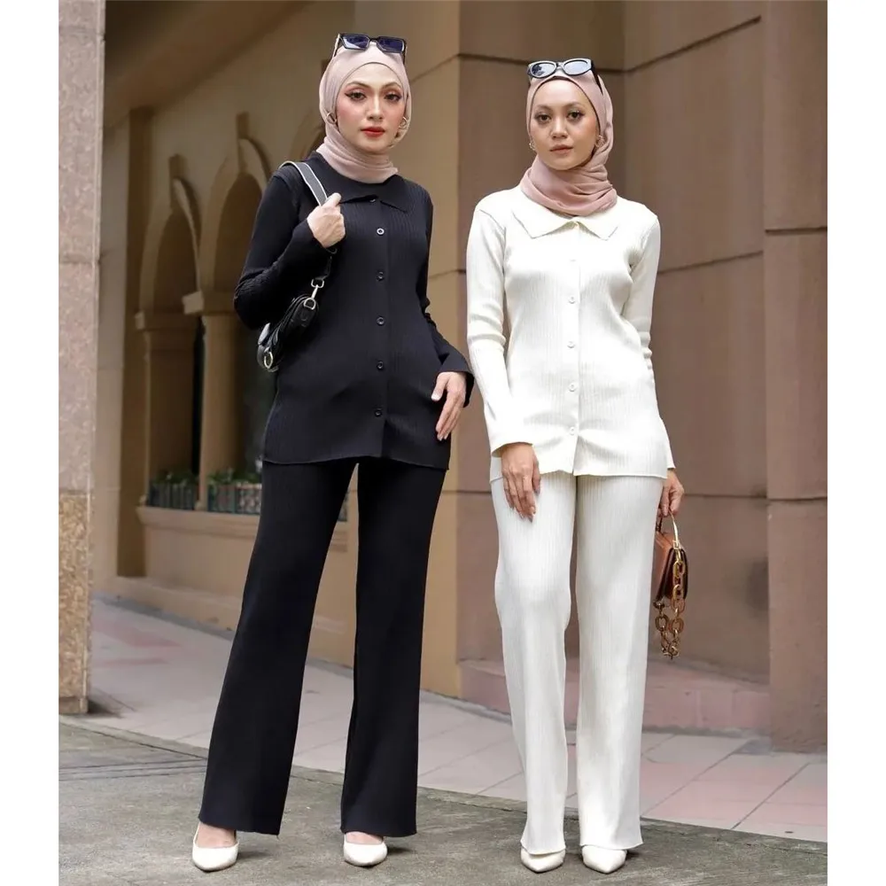 Set pakaian 2 potong untuk wanita, Set atasan rajut lengan panjang kancing Sweater Kimono Cardigan celana kaki lebar pakaian Muslim Abaya Kaftan jubah