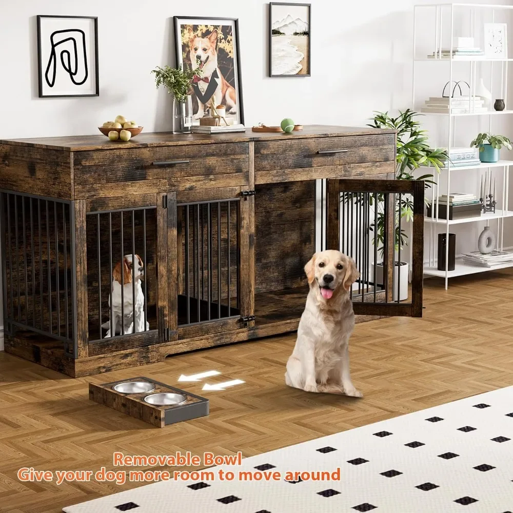 Niche double pour chien, mobilier d'intérieur pour 2 chiens, 72 pouces, 2 sorties de proximité