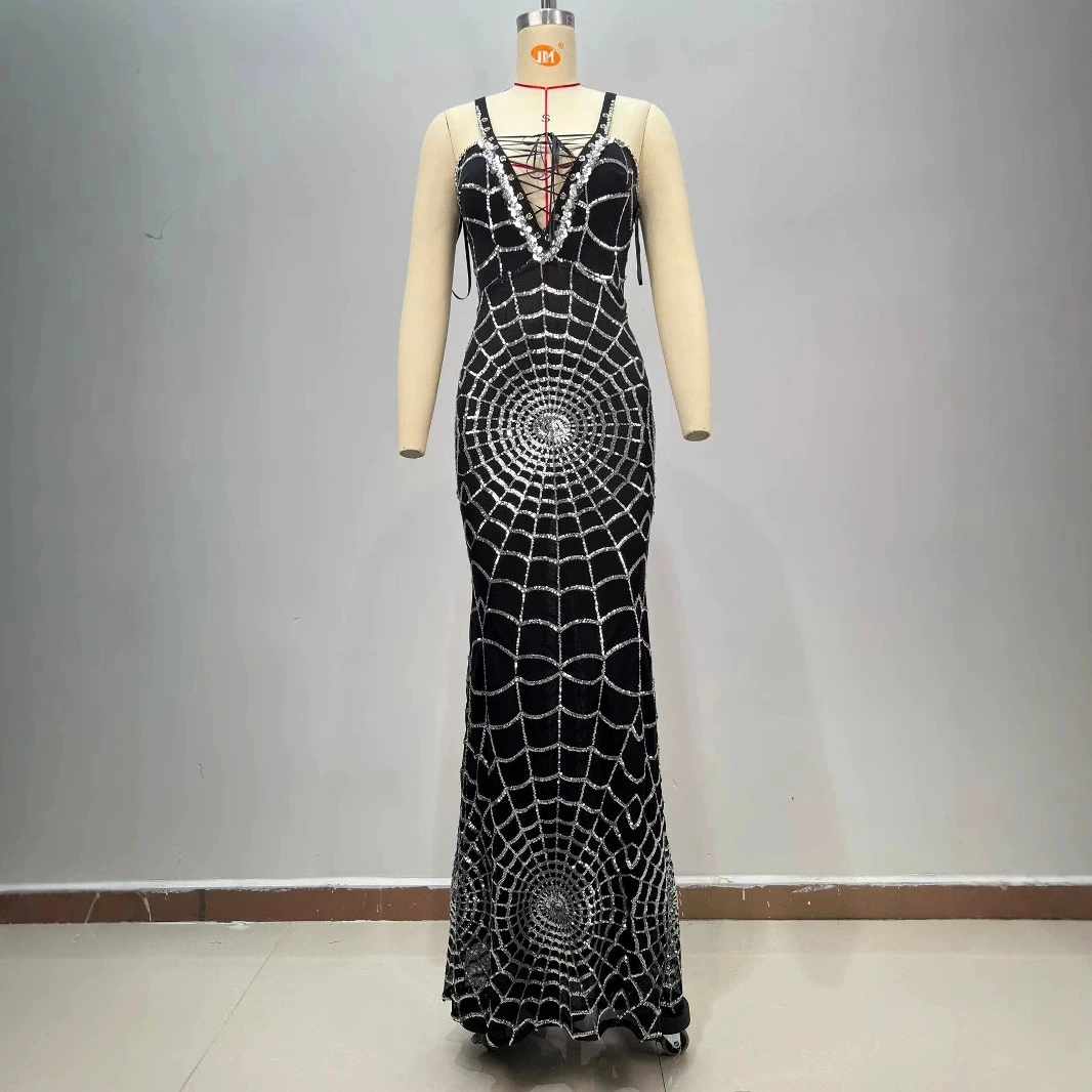 ダークナイトスパイダーウェブサテンドレススターダイヤモンド装飾三次元カットイブニングバンケット包帯ドレス-GZXX848
