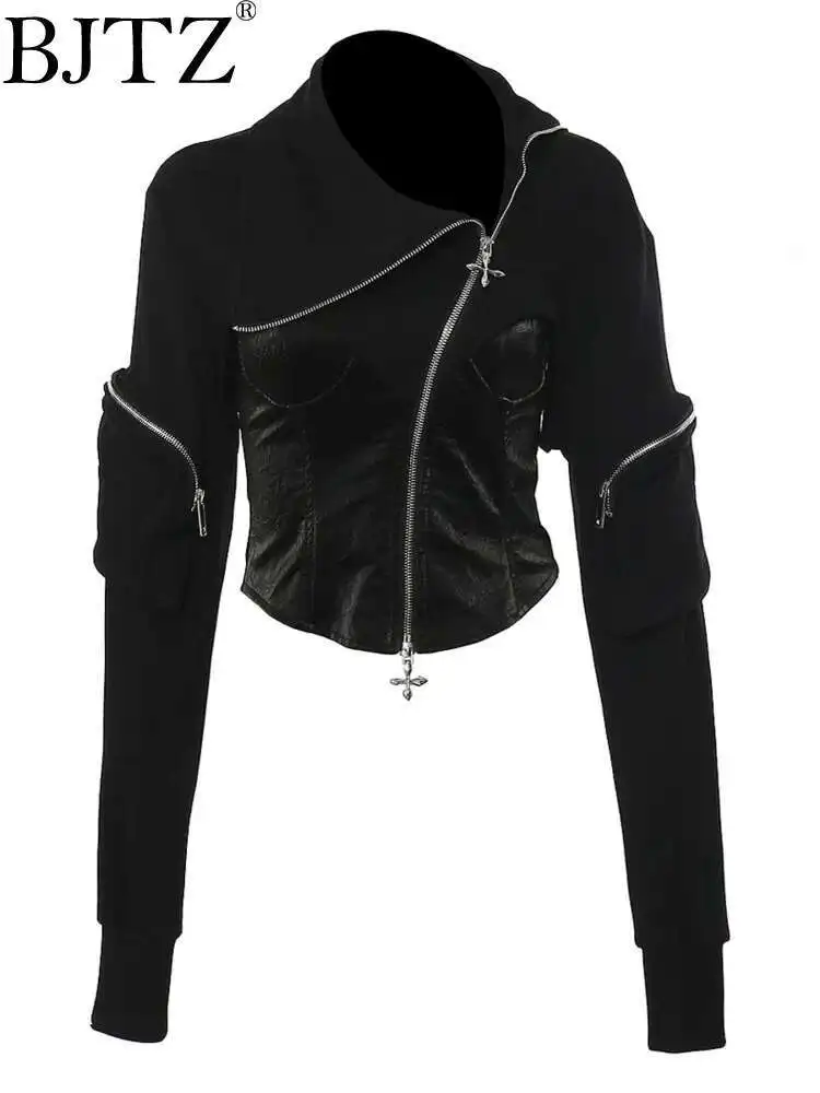 

BJTZ Personalized Splicing Slim Fit Adjustable 2025 Early Spring New Women's Back Hollowed Irregular Design Solid Color Hoodie