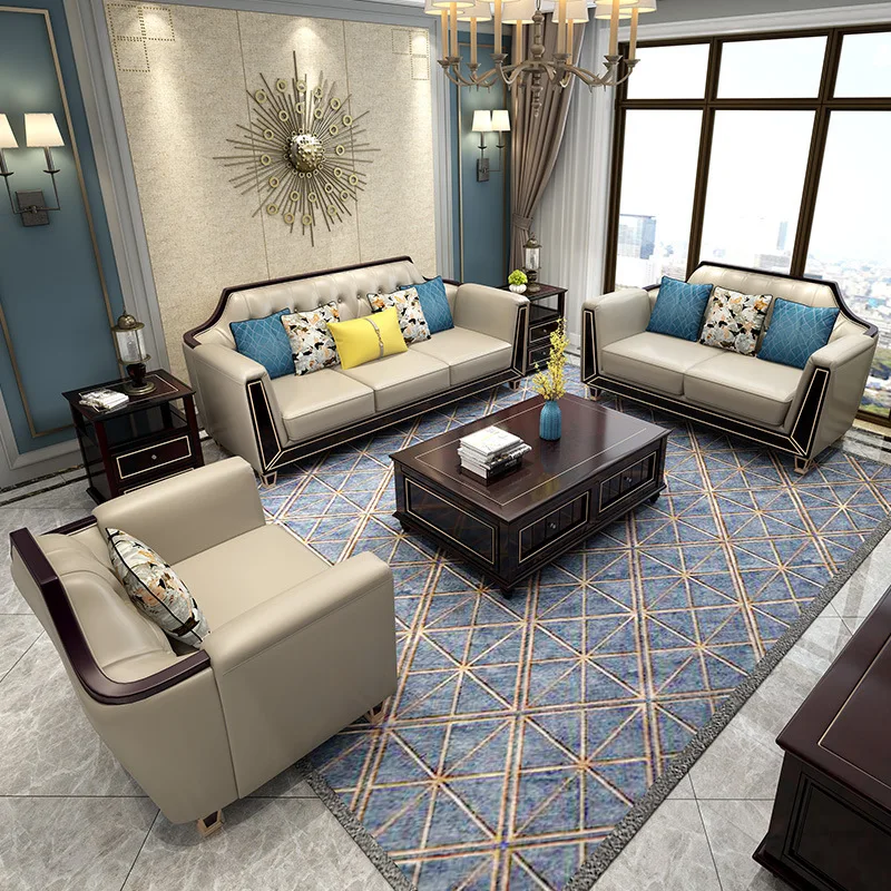 American leather sofa combination small apartment leather art complete solid wood furniture modern light luxury leather sofa