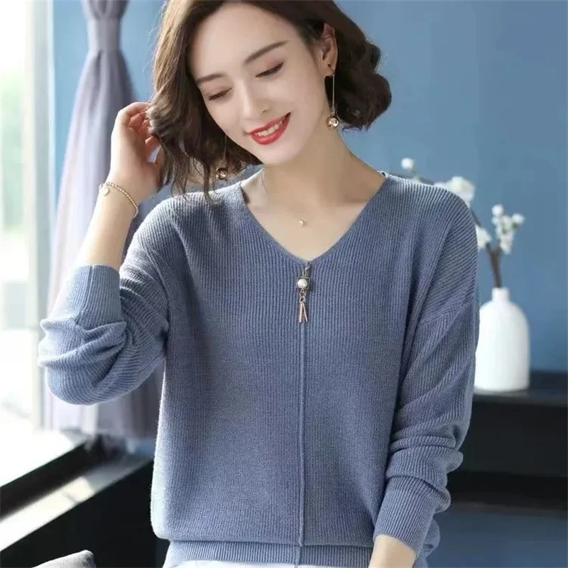 Autumn Winter Women Sweaters Casual Long Sleeve Knitted V Neck Pullover Sweater Femme Basic Solid Jersey Tops Fashion Clothes