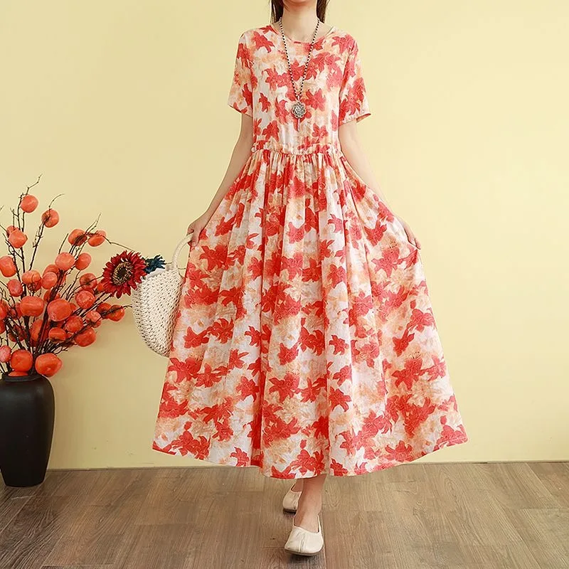 Damen-Maxikleid mit Blumenmuster, lässig, kurzärmelig, elastische Taille, A-Linie, langes Kleid