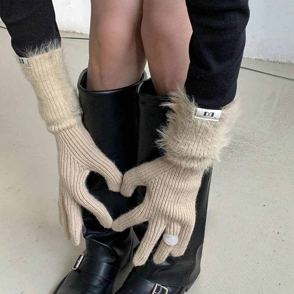 レトロ-y2k-フィンガータッチスクリーン手袋暖かくて厚い女性手袋ニュートラルニット厚い接続スポーツアウトドア手袋冬