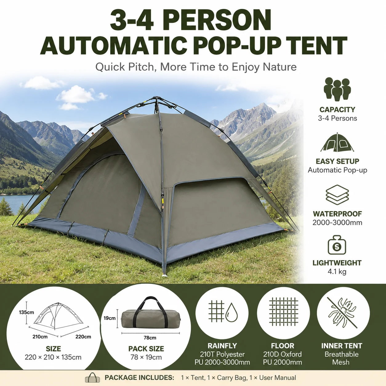 Automatik Zelt Doppelwandig Wasserdicht 3-4 Personen Pop-Up Zelt 220x210x135cm 4,1kg Armeegrün
