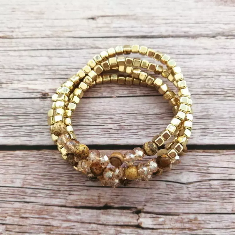 Brown Gemstone Gold Square Beads Stretchy Bracelet Set Fall Jewelry Gifts