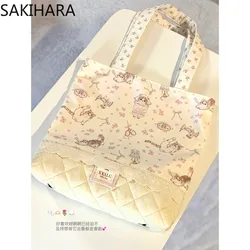 Top-handle Bags for Women Floral Lace Solid Color Office Lady Casual Kawaii Japanese Canvas Large Capacity Shoulder Bag