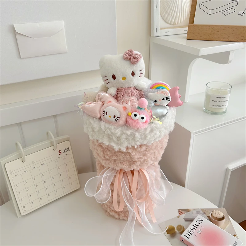 Sanrio Hello Kitty Plush Doll Bouquet Cute Anime Cartoon Soft Fashion Plush Flower Room Decoration Girl&Child Holiday Gifts