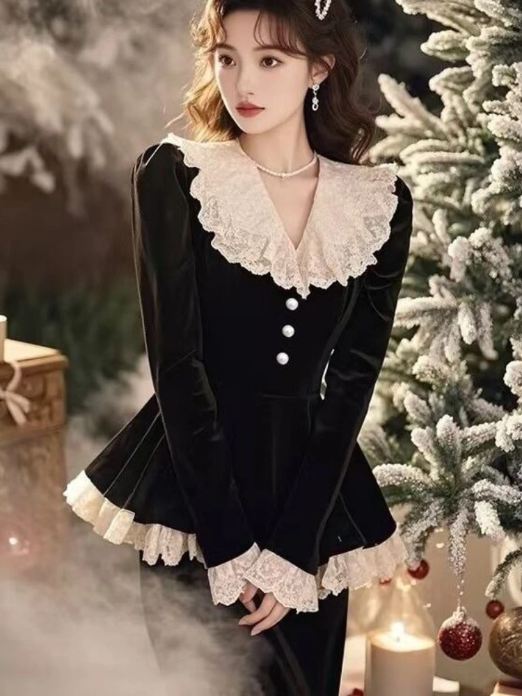 

French Vintage Shirts Lace Patchwork Ruffles V Neck Long Sleeve Blouses Contrast Color Female Slim Elegant Design Women Clothing