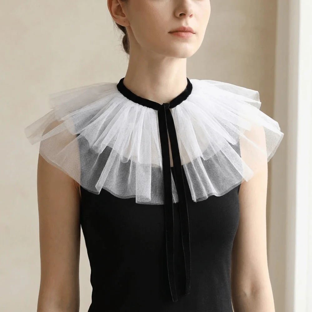 Solid Color Neck Ruffled Collar Detachable Victorian Costume Renaissance False Collar French Court Style Mesh Retro Ruff Collar