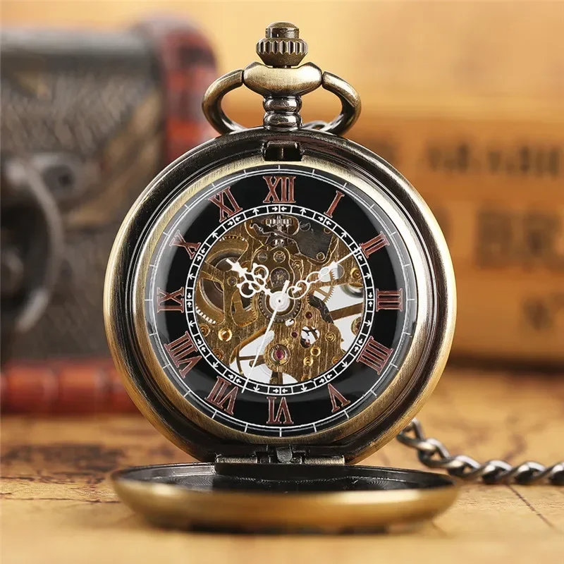 Retro Blue Crystal Flowers Men Women Hand Winding Mechanical Pocket Watch Skeleton Full Hunter Pendant Chain Clock Reloj Gift