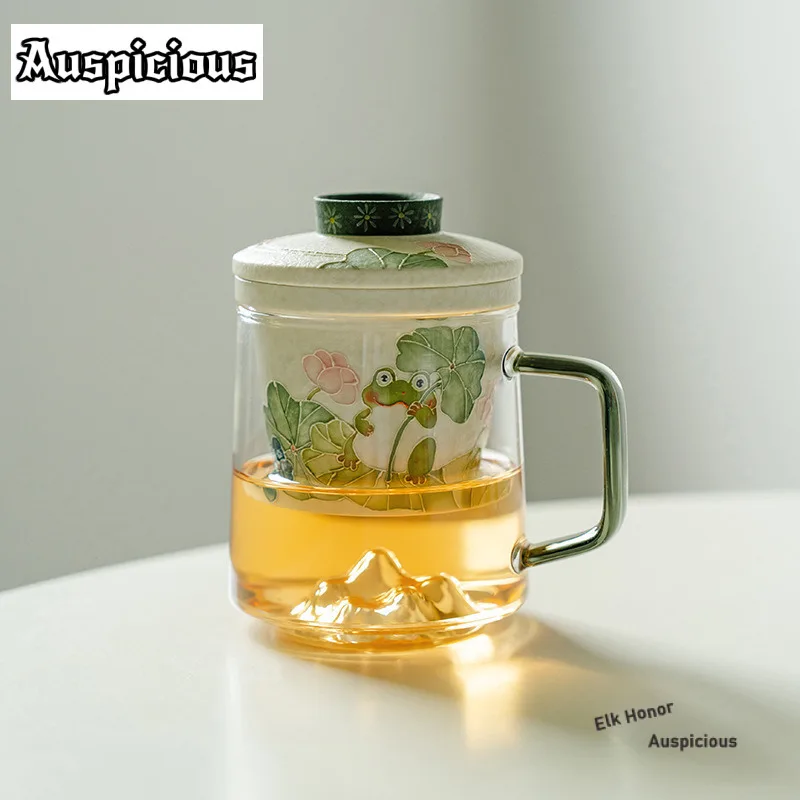 

450 мл ручная роспись лягушка лотоса стеклянный фильтр чашка-сепаратор для чая эстетическая кружка для чая с заварочным устройством чайник офисная чашка для воды чайная посуда