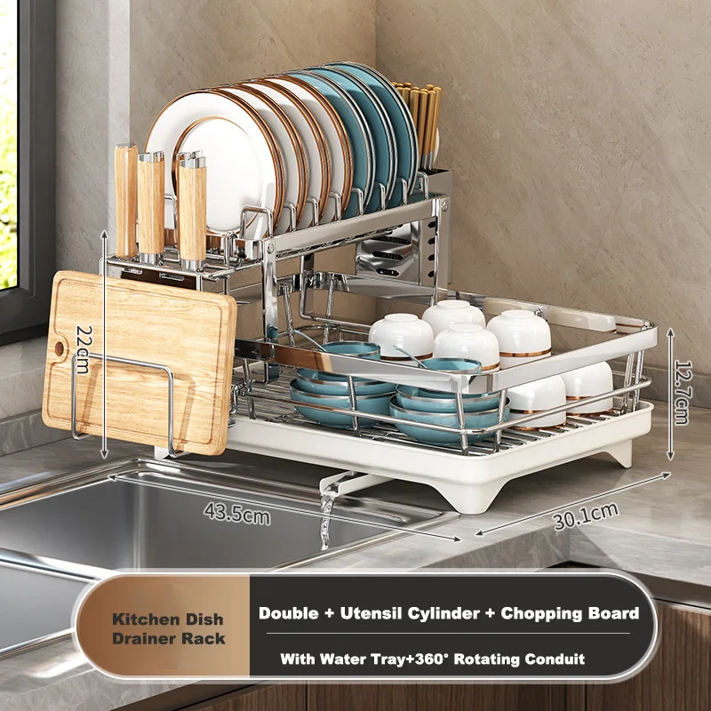 Adjustable Dish Drainer with Board Slot & Lid Storage - Compact Sink Organizer for Plates, Knives, Cookware