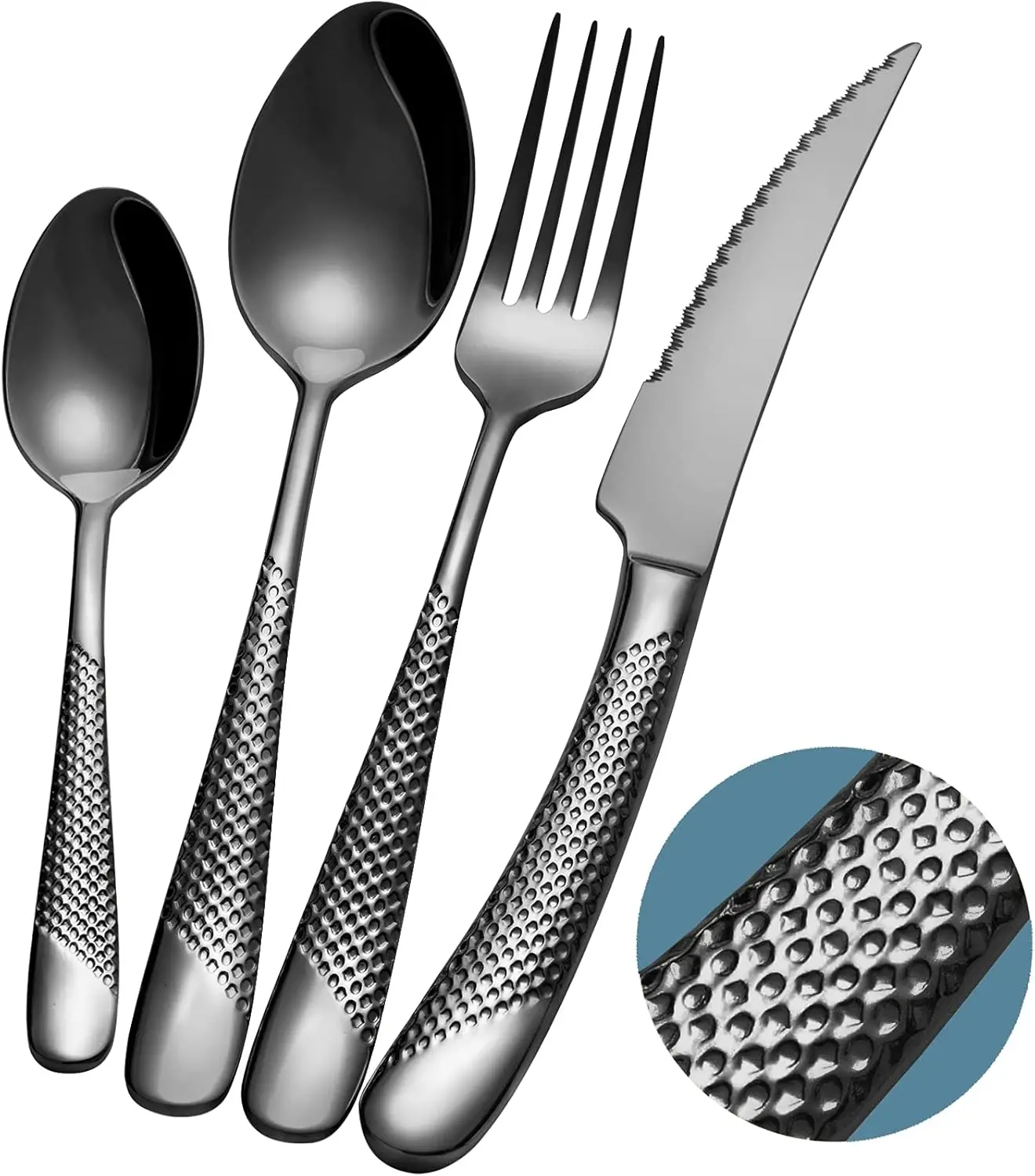 

16-Piece Modern Black Hammered Silverware Set with Ultra Sharp Knives, Stainless Steel Flatware for 4