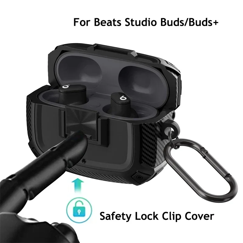 Casing serat karbon tahan guncangan, sarung pelindung cangkang keras serat karbon untuk Apple Beats Studio Buds + casing penutup kunci pengaman