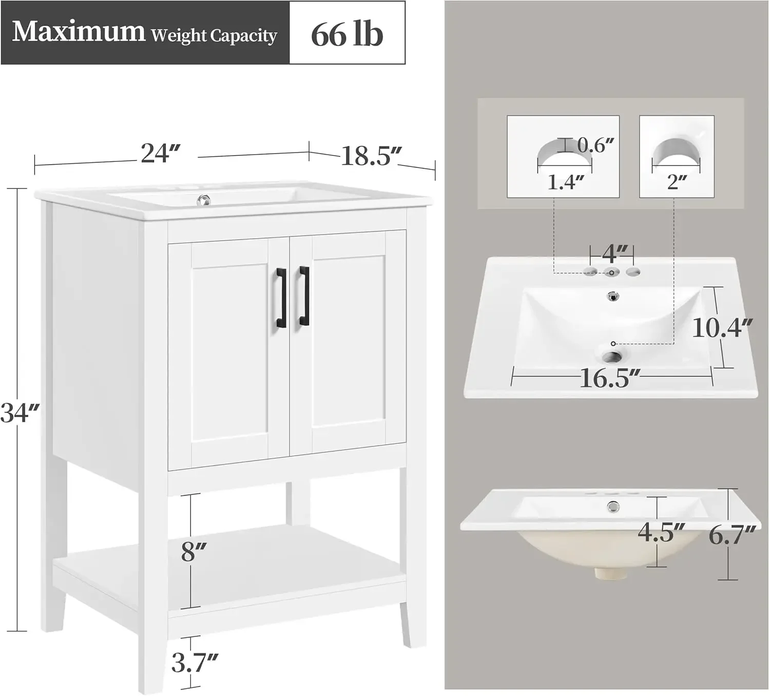 Armário de banheiro moderno de 24 "com pia, armário de pia de banheiro com bacia retangular de cerâmica, armário de banheiro com 2 portas