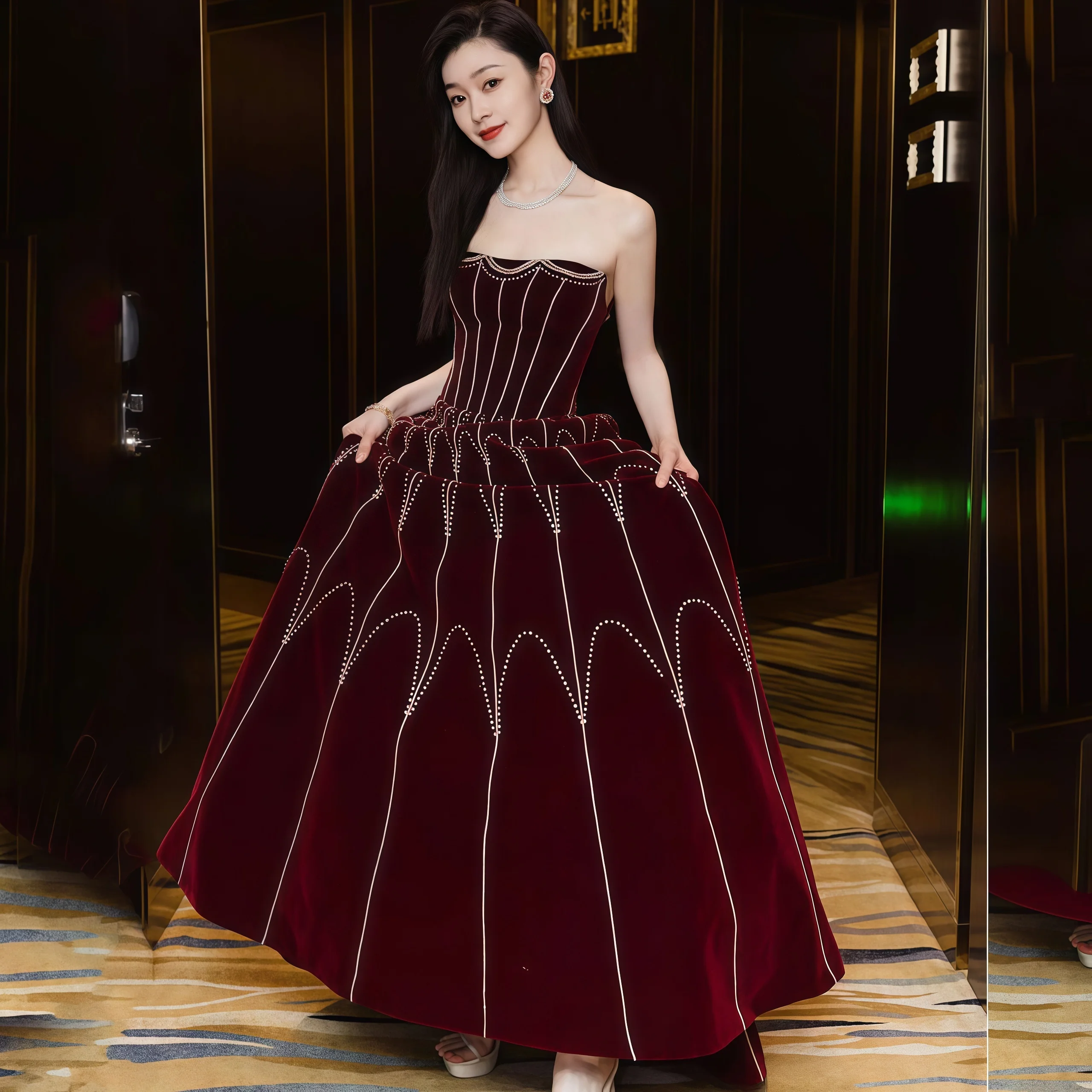 

Gorgeous Burgundy Evening Dress Sleeveless French Princess Style A-Line Style Banquet Host Bridal Strapless Celebrity Dress