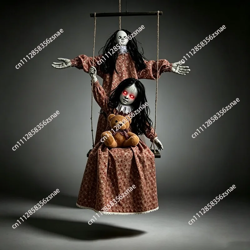 Voice‑Activated Swing Ghost Girl Doll, Glowing Red Eyes Halloween Hanging Prop for Haunted House Yard Decor