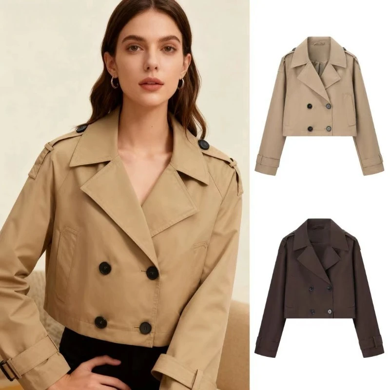 Women 2026 Spring Autumn New Hot Selling Double Breasted Cropped Trench Coat Jacket Outerwear Fashion Trendy Chic Casual Best