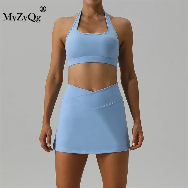 MyZyQg ผู้หญิงชุดฤดูใบไม้ผลิ Nude เทนนิส Bra กระโปรงชุดกลางแจ้ง Quick-drying Running Fitness Wear Halter Vest ชุด