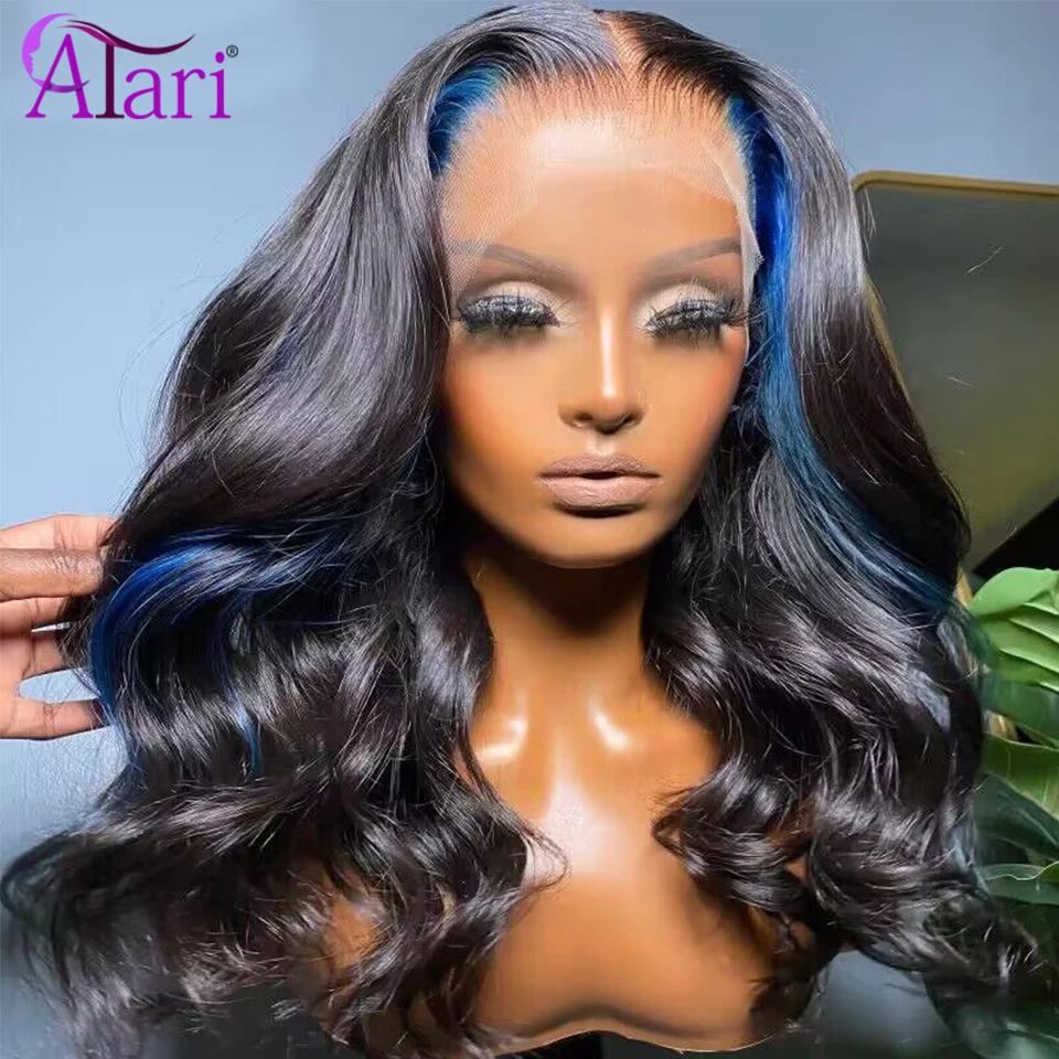 13x6 Lace Front Highlight Blue Wig 13x4Lace Frontal Wig Blue Stripe Hair Wig Human Hair 5x5 Lace Closure Brazilian Remy Hair Wig