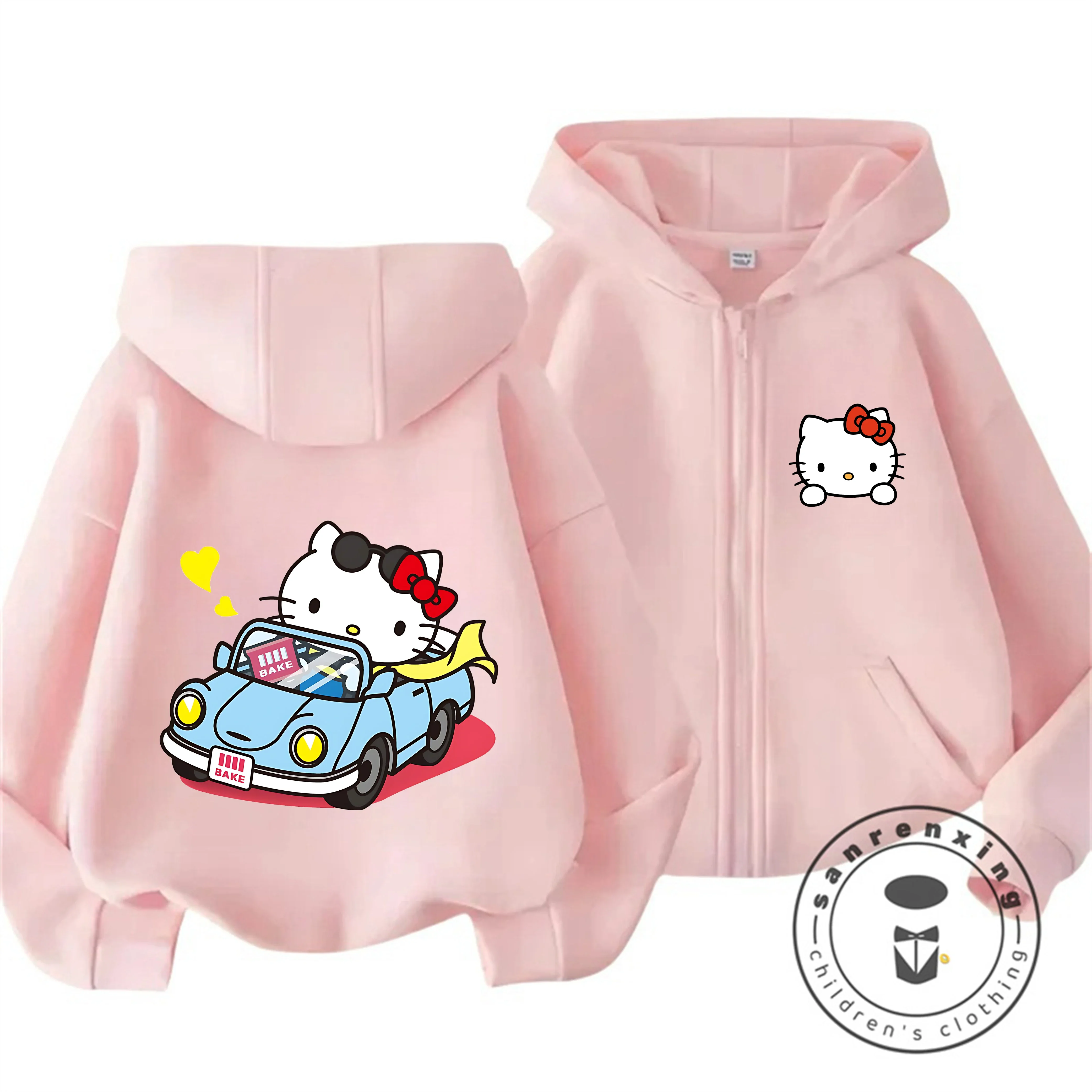 

2026 Autumn Winter Outdoor Fashion Hello Kitty Zipper Hoodie 3-14Y Boys Girls Cute Kawaii Cartoon Street Hot Casual Warm