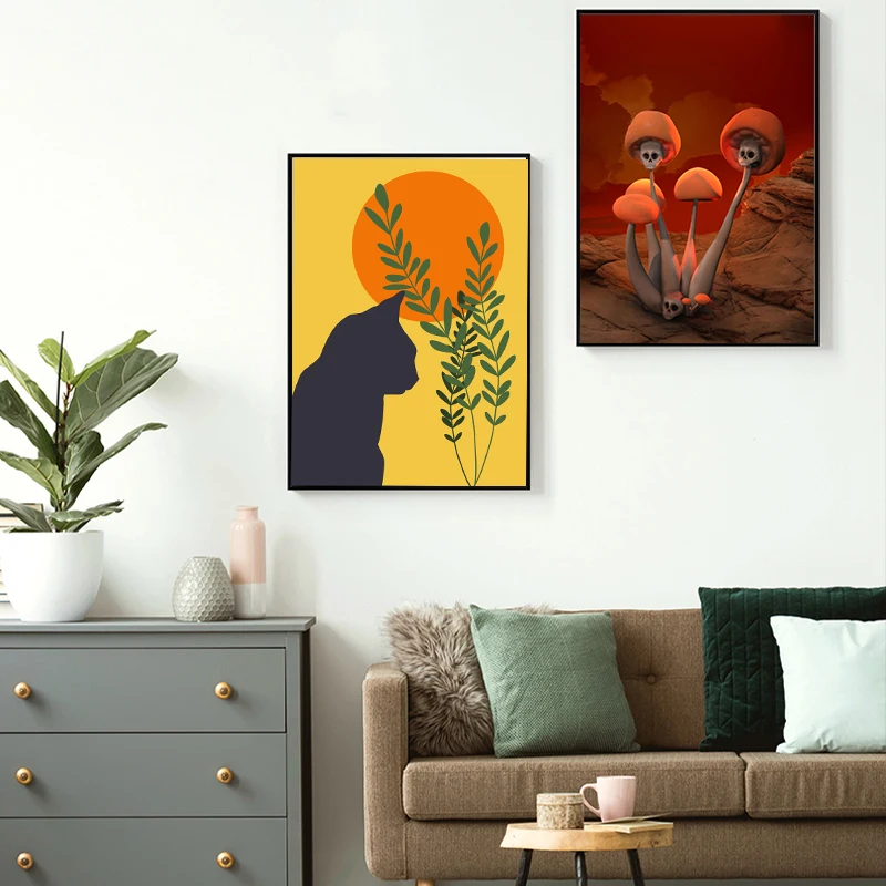 Botanical Posters Skull Mushrooms Feline Plants Canvas Painting Modern Art Print  Wall Picture Living Room Home Decoration