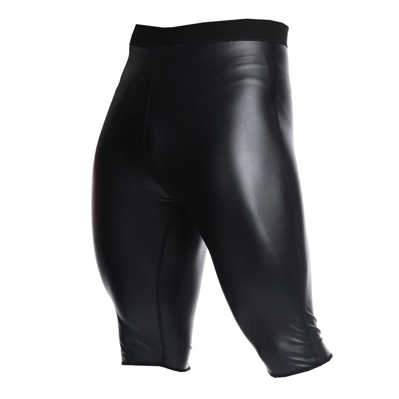 Men elastic waist shapers leather pants, glossy, slimming, Hip-hop punk style, motorcycle, windproof and waterproof tight shorts