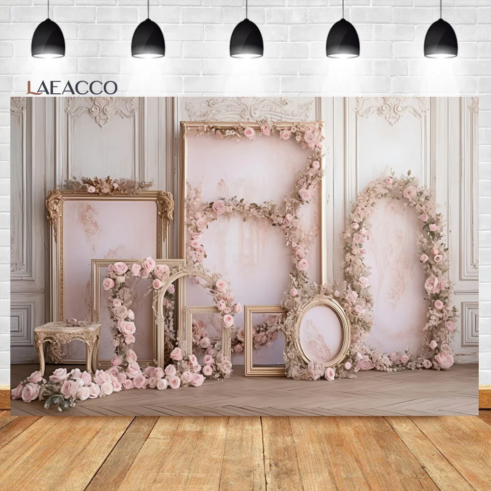 Laeacco Retro Elegant European Classic Wall Backdrop Interior Pink Flower Wedding Birthday Party Portrait Photography Background