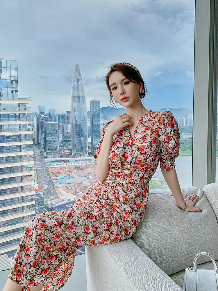 Fashion Summer French Floral Folds Midi Party Dress Ladies OL Coffee Break Elegant Vintage Puff Sleeve Sexy Backless Split Dress