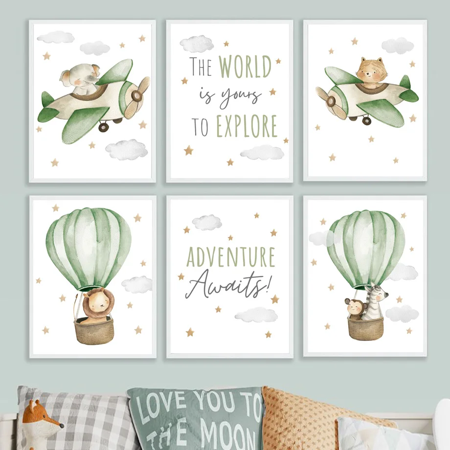 

Elephant Fox Flies A Plane Nursery Wall Art Canvas Painting Zebra Lion Hot Air Balloon Posters And Prints Baby Kids Room Decor