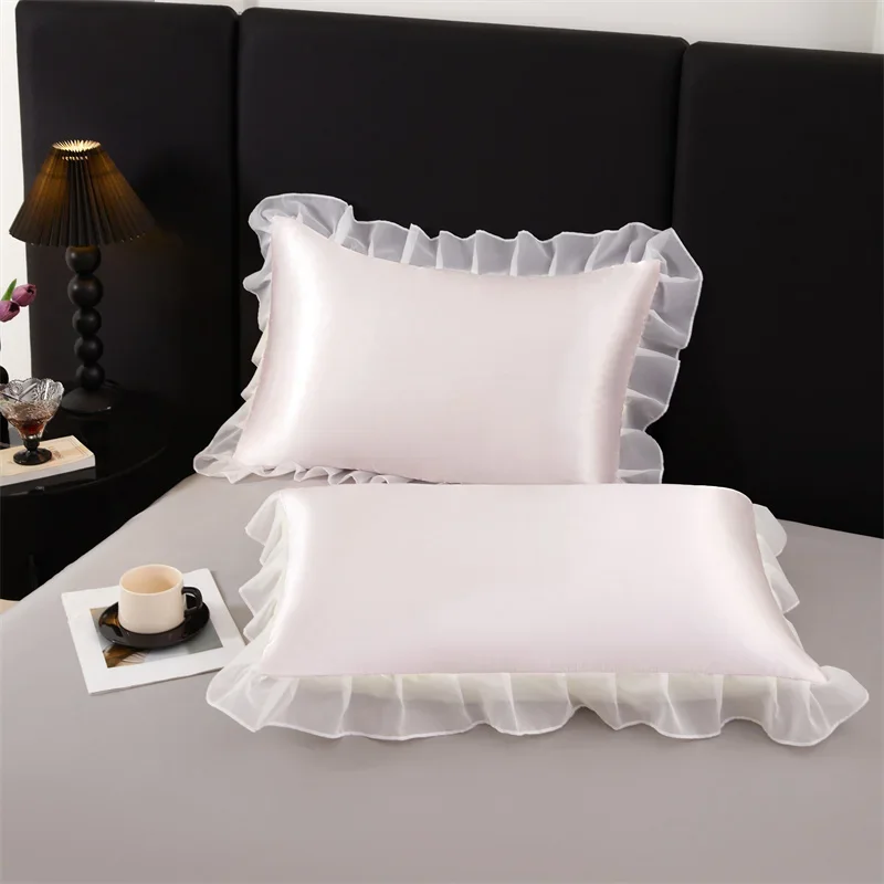 

2 pcs Satin Silk Pillowcase with Ruffles 48x74cm Home Decorative Solid Color Pillow Cover for Summer Soft Silky Pillow Sham