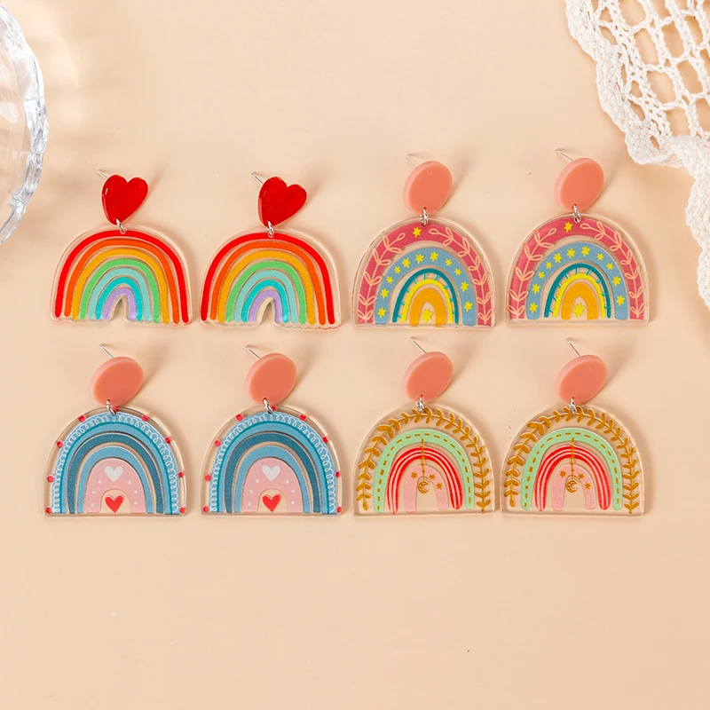 1Pair   Heart Rainbow Stud Earring Multicolour Creative Acrylic Crafts Fashion Jewelry For Girl And Women Gift