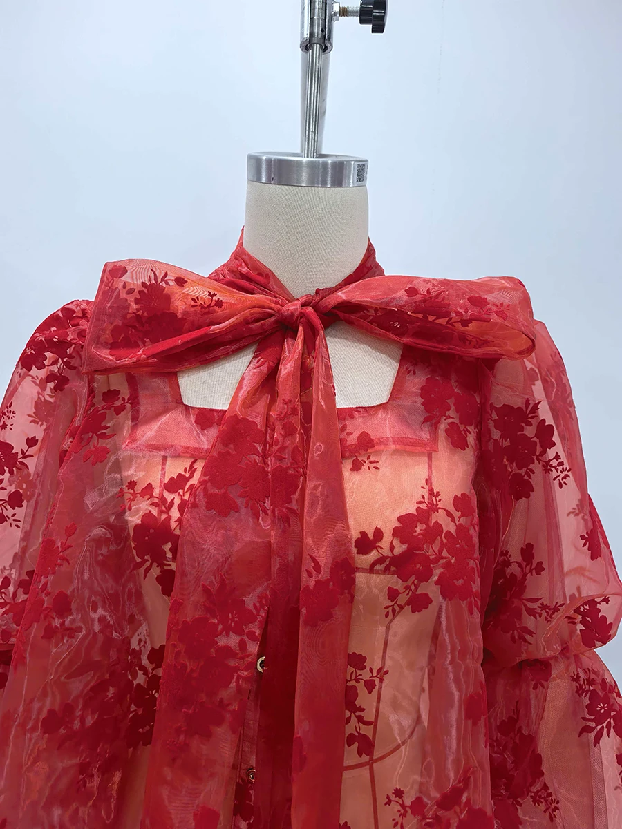 VGH أنيقة الأزهار الطباعة الشيفون قميص للنساء وشاح طوق الجوف خارج تصميم نفخة الأكمام بقماش شفاف مثير بلوزة الإناث جديد #6