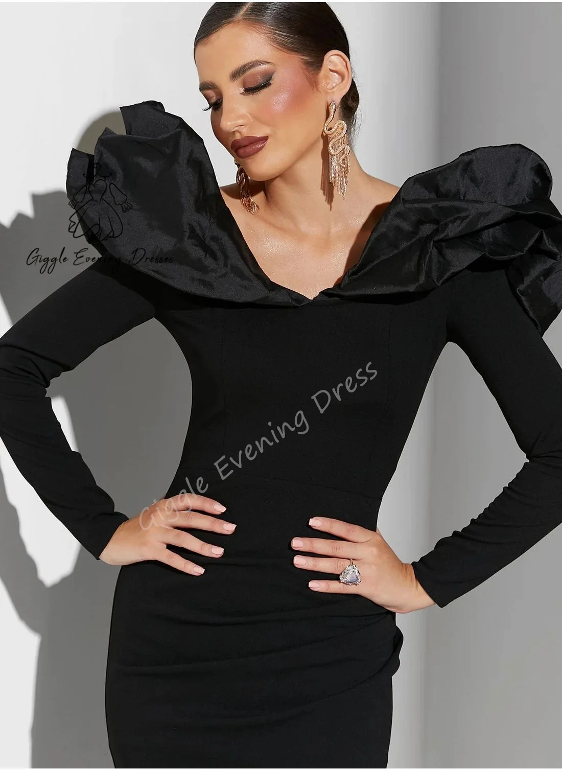 Giggle V-neck Exaggerated puffed-overlay Sleeves Bodycon Dress Prom Gown Sheat 2025 Saudi Arab Elegant Evening Party Dress
