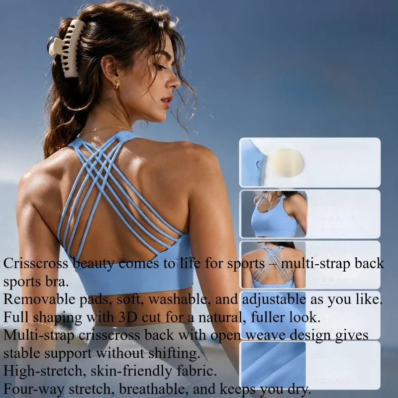 New Cross-strap Design Fitness Sports Bra for Women, High-intensity Cross-back, Shockproof, Push-up, Wire-free Sports Bra