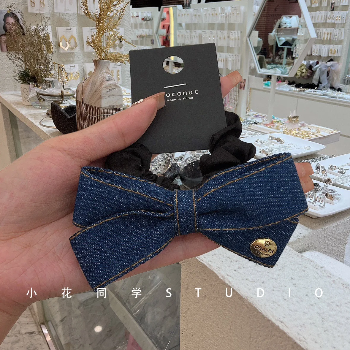 

Korean Lady 2025 New High-end Exquisite Dark Denim Metal Bow Rubber Band Hair Band Hair Rope Women