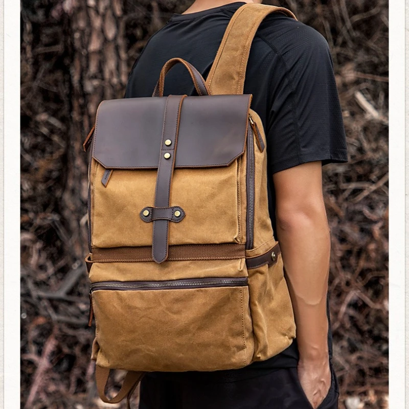 

Waterproof Batik Canvas Backpack for Men, Crazy Horse Leather Trim, Vintage European Outdoor Travel Large Capacity Daypack