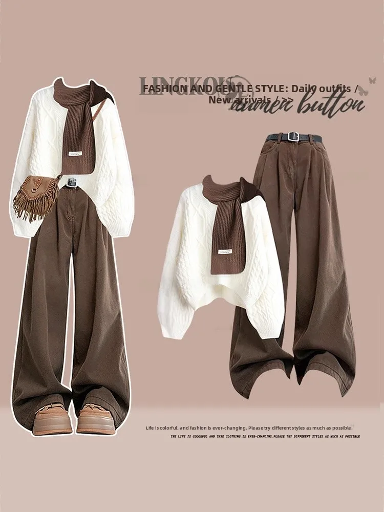 

Slimming Knitted Sweater And Wide Leg Pants Two Piece Set for Women Autumn Winter Fashion Anti Aging Hole Design Casual Outfit