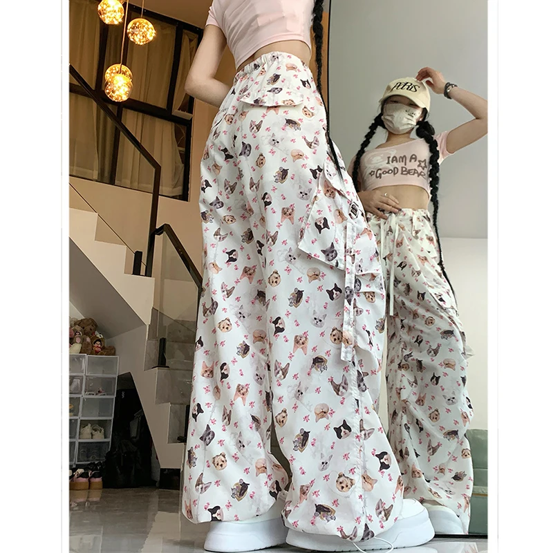 American Vintage Elastic Waist Drawstring Cargo Pants Women Summer New Graffiti Cute Multi-pocket Versatile Pants Female