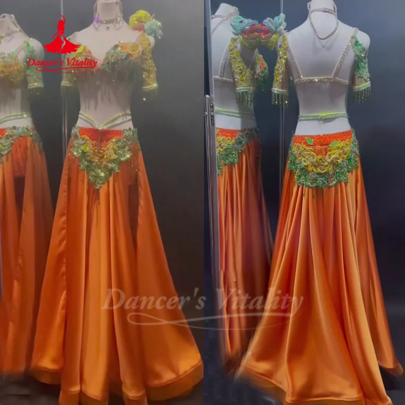 

BellyDance Costume Women's Custom AB Stones Fringe Bra+Sexy Long Skirt Set Adults and Child Oriental Dance Performance Outfit