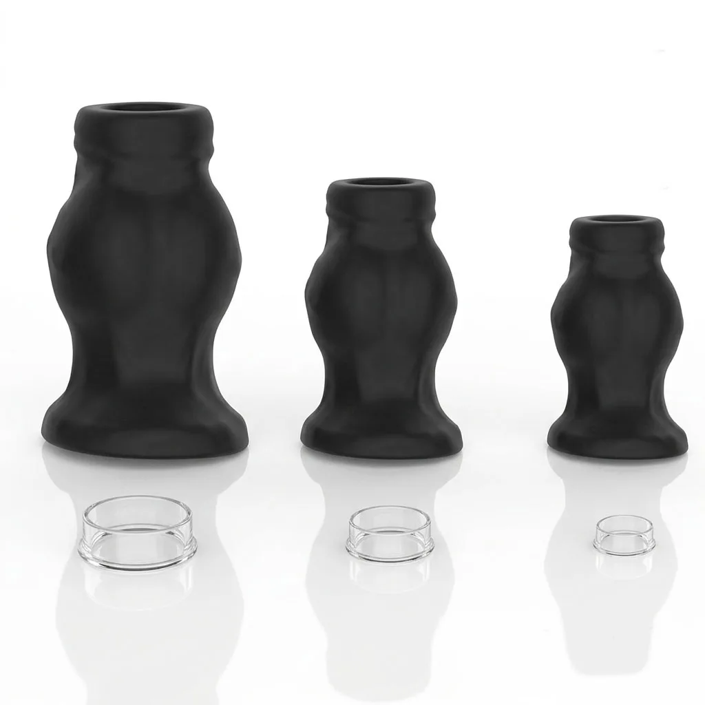 Black Silicone Hollow Anal Plug Set with Caps - Tunnel Butt Plugs for Gape Training Prostate Play & Advanced Stretching