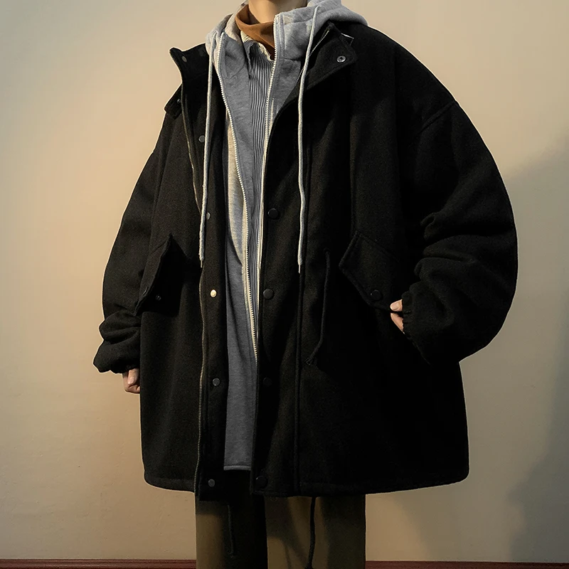 Winter Thickened Woolen Double Layer Men's Oversize Hong Kong Style Hooded Coat Trendy Brand Open Cardigan Fake Two-Piece Cot...