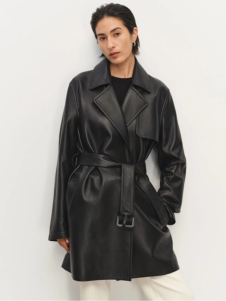 

Classic Long Genuine Leather Blazer Jackets Women Spring Autumn High-end Simple Soft Black Real Sheepskin Trench Coat with Belt