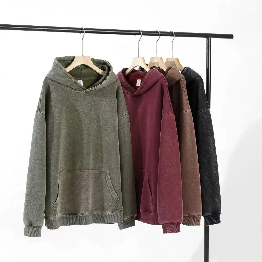 Unisex Vintage Washed Cotton Hoodie - 100% Pure Retro Casual Drop Shoulder Hooded Sweater Ideal for Vacation Street Daily Wear