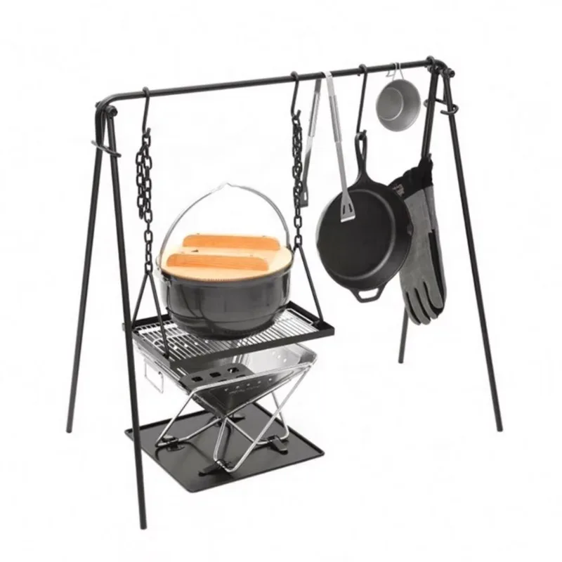 Outdoor Camping Hanging Rack Pot Stand Adjustable BBQ Grilling Tripod Campfire Pot Stand Grilling Plate