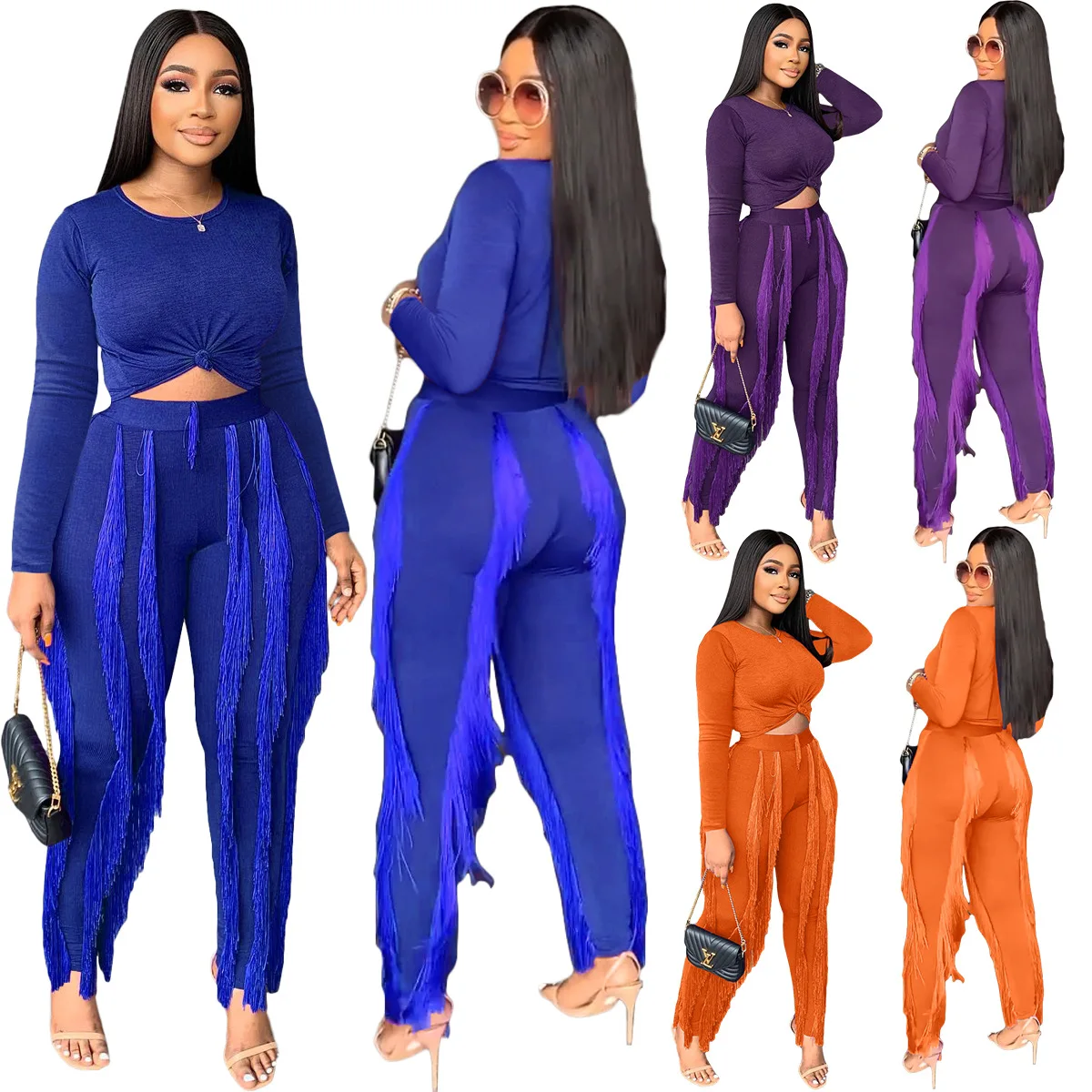 

New Autumn Winter Women's Set Tracksuit O Neck Full Sleeve Top Pants Suit Tassel Two Piece Set Casual Night Club Outfits