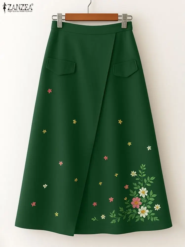 2025 ZANZEA الخريف مرونة الخصر Faldas Saia Jupes خمر النساء التنانير الأزهار المطبوعة رداء فام عادية فضفاض ألف خط Vestidos